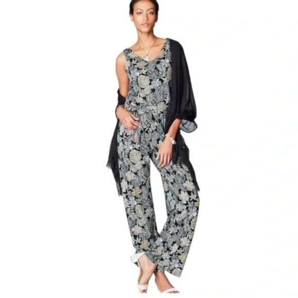 J JILL Wearever Women Plant Leaf Jumpsuit Wide Leg Sz MP Black Tan Gold 52-25 - Picture 2 of 15